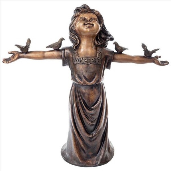 Little Girl Cast Bronze Garden Statue Basking in Gods Glory bird on arms